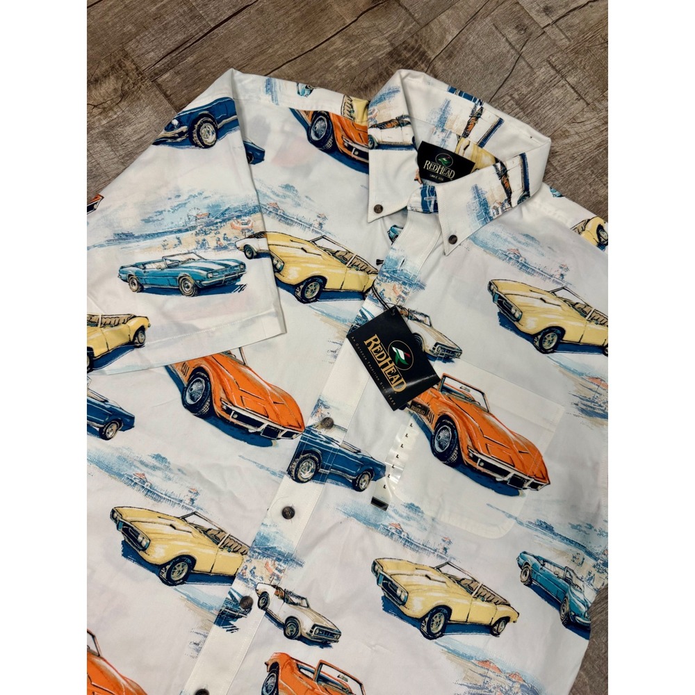 RedHead Mens Large White Vintage Muscle Car Print Cotton Button Down Shirt NWT